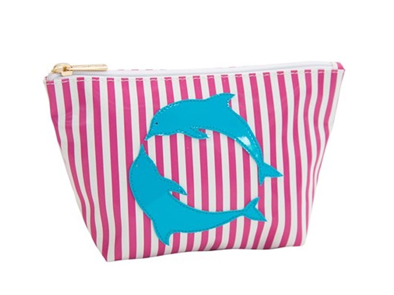 Wide pink stripes Medium Avery with Turquoise Kissing Dolphins