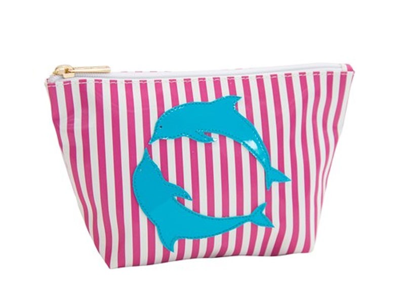 Wide pink stripes Medium Avery with Turquoise Kissing Dolphins