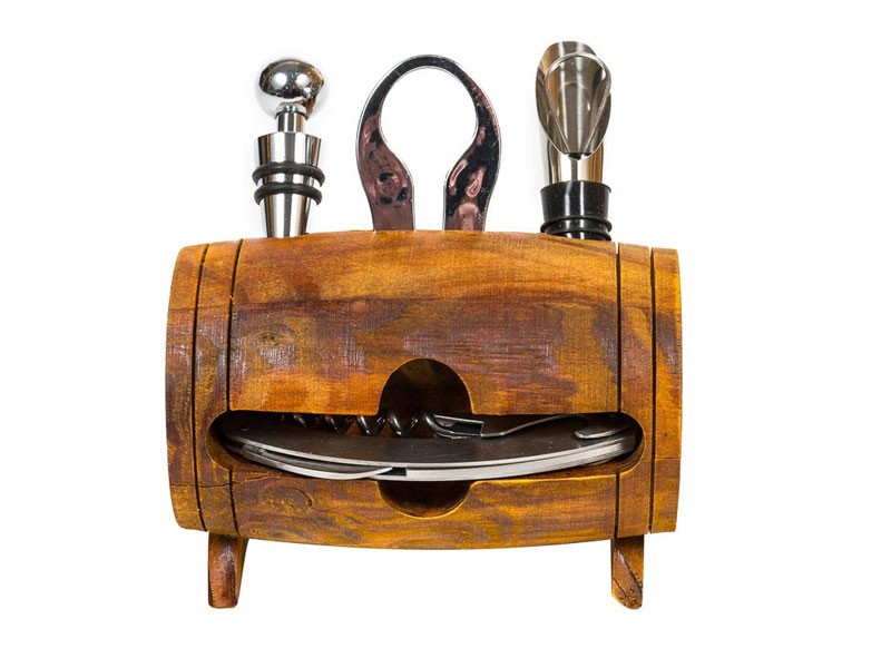 Wood Barrel 4 Piece Wine Tool Set