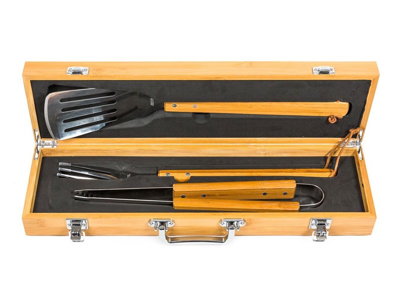 3 Piece BBQ Set Bamboo Gift Case