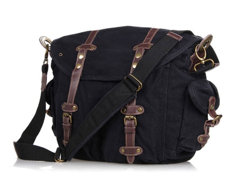 Scooter Vintage Canvas Messenger Bag with Leather Straps Black