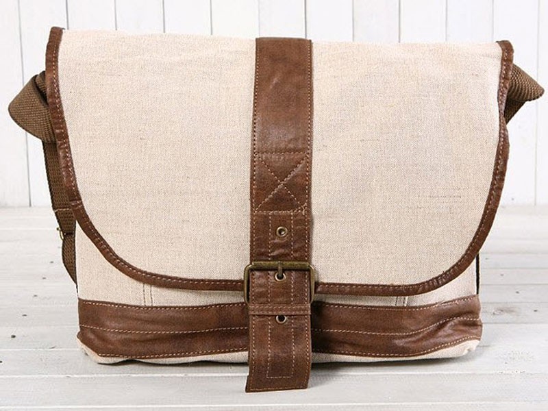 Seacrest Natural White Linen Duffel Bag with leather Straps & Accents