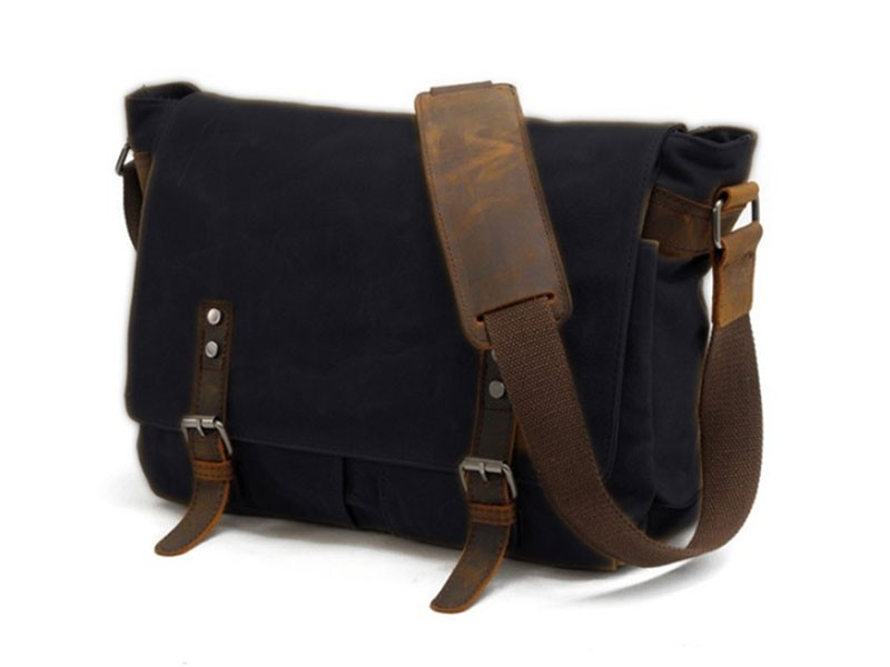 Vagabond Men's Rugged Distressed Canvas & Leather Crossbody Messenger Bag Black