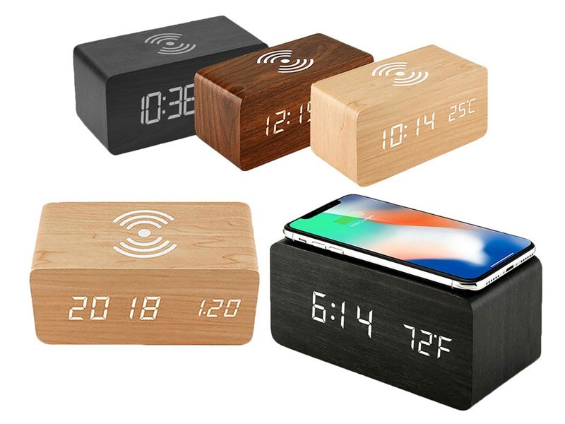 Zummy Wood Digital LED Alarm Clock & Thermometer & Wireless Charger