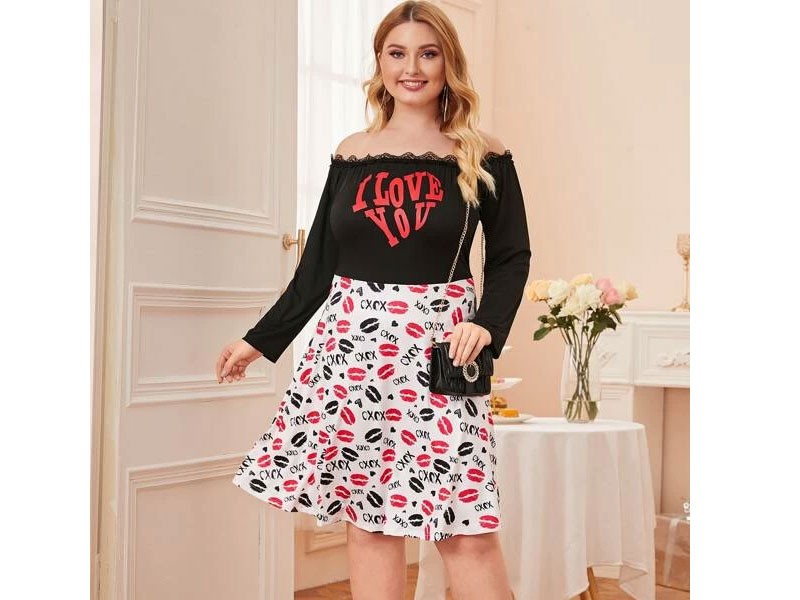 Plus Off Shoulder Lip & Letter Graphic Combo Dress For Women