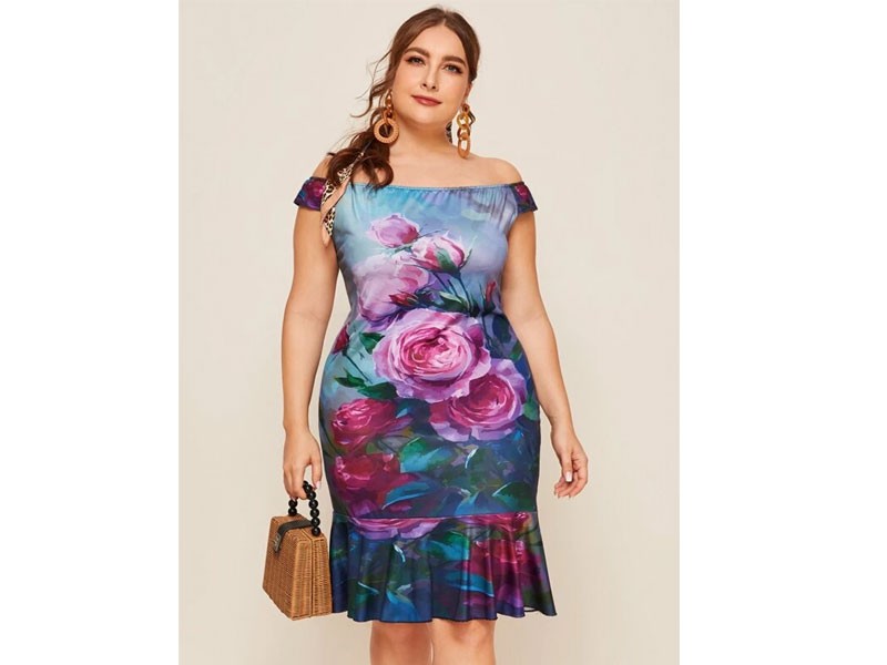 Plus Large Floral Bardot Ruffle Hem Fitted Women's Dress