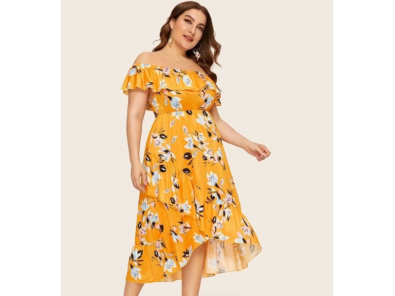 Women's Plus Floral Ruffle Bardot Dress