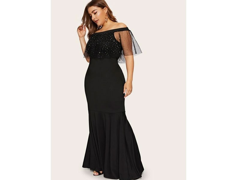 Plus Off Shoulder Contrast Mesh Mermaid Dress For Women