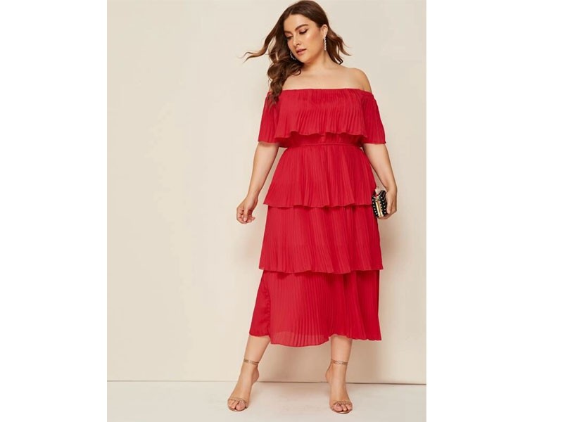 Women's Plus Pleat Layered Ruffle Trim Bardot Dress