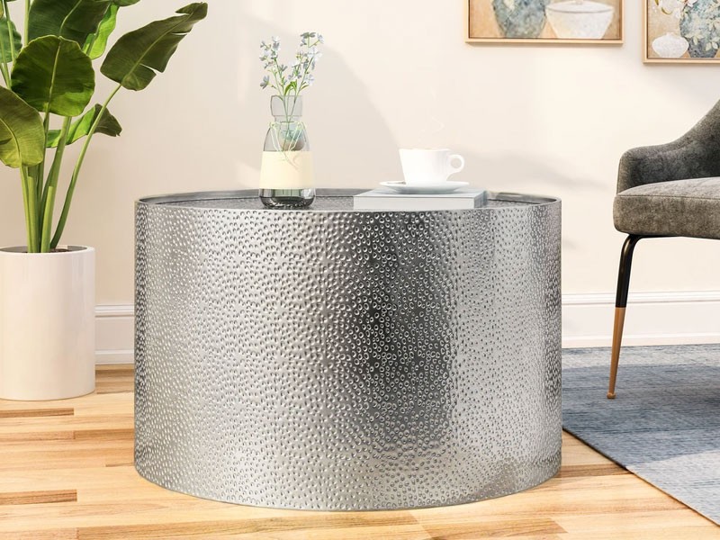 Rache Modern Round Coffee Table with Hammered Iron