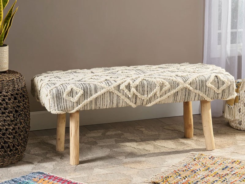 Carrera Handcrafted Boho Rectangular Wool & Fabric Bench