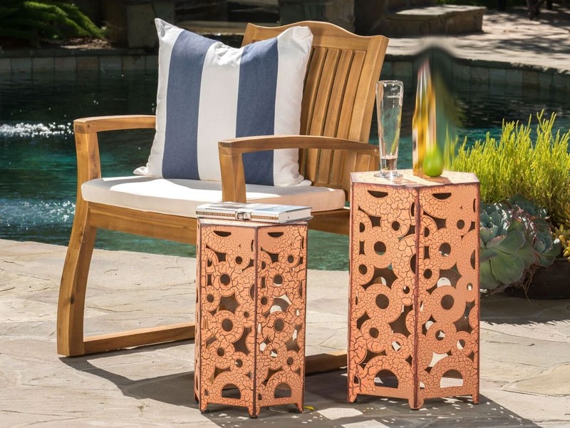 Contemporary Outdoor Hexagonal Antique Orange Iron Accent Tables