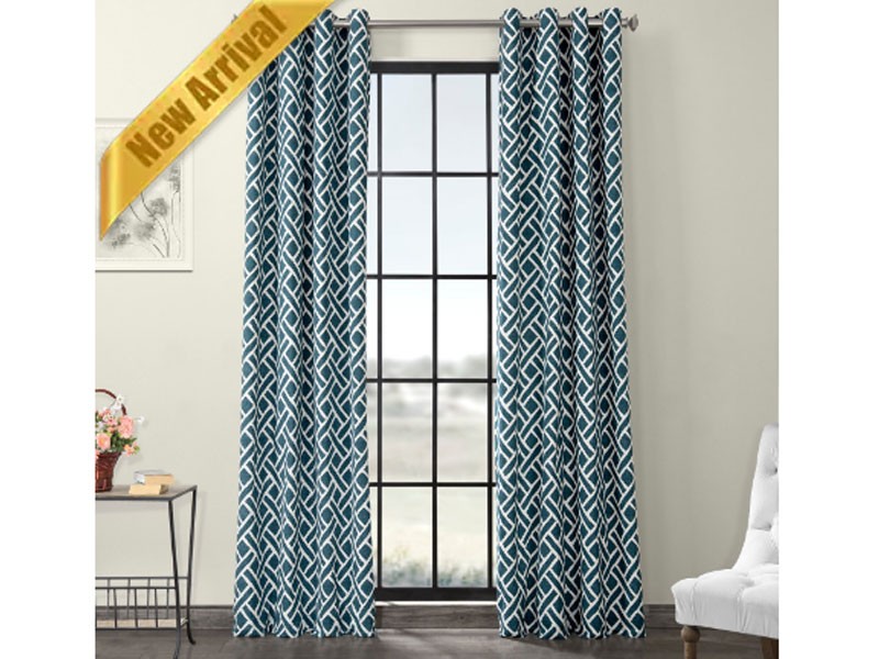 Martinique Blue Grommet Printed Cotton Curtain