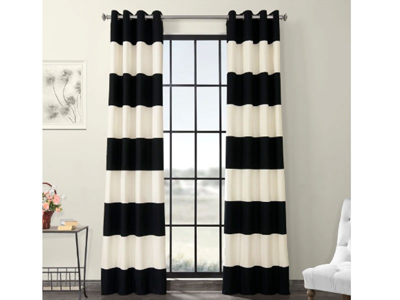 Onyx Black & OffWhite Horizontal Grommet Stripe Cotton Curtain