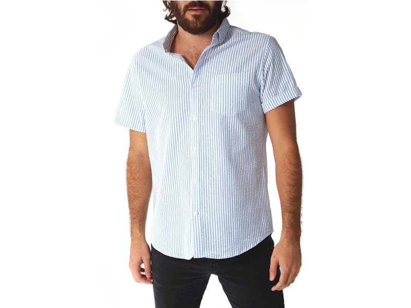 Clothing Stripe Seersucker Woven Button Up Men's Shirt in Ocean Blue