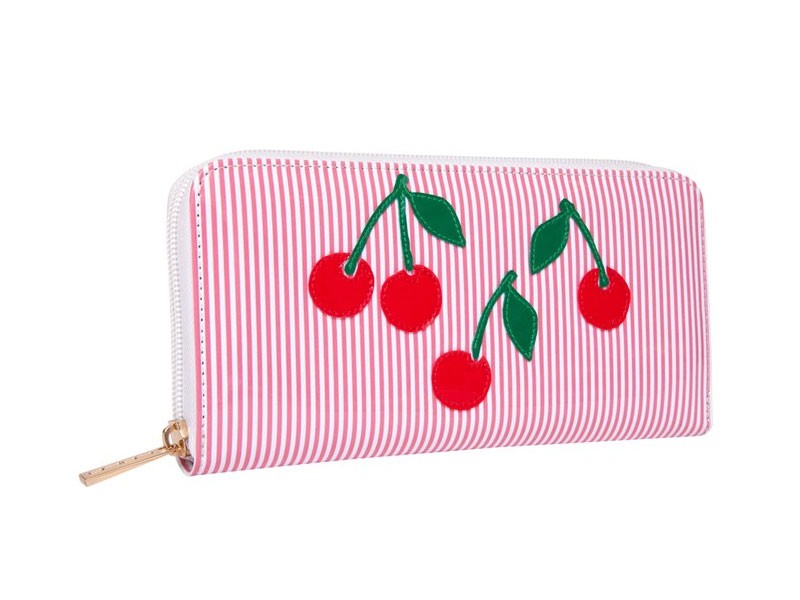 Pink Stripe Wallets with Red Cherries Purse For Women