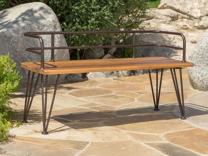 Avy Outdoor Rustic Industrial Acacia Wood Bench with Metal Hairpin Leg