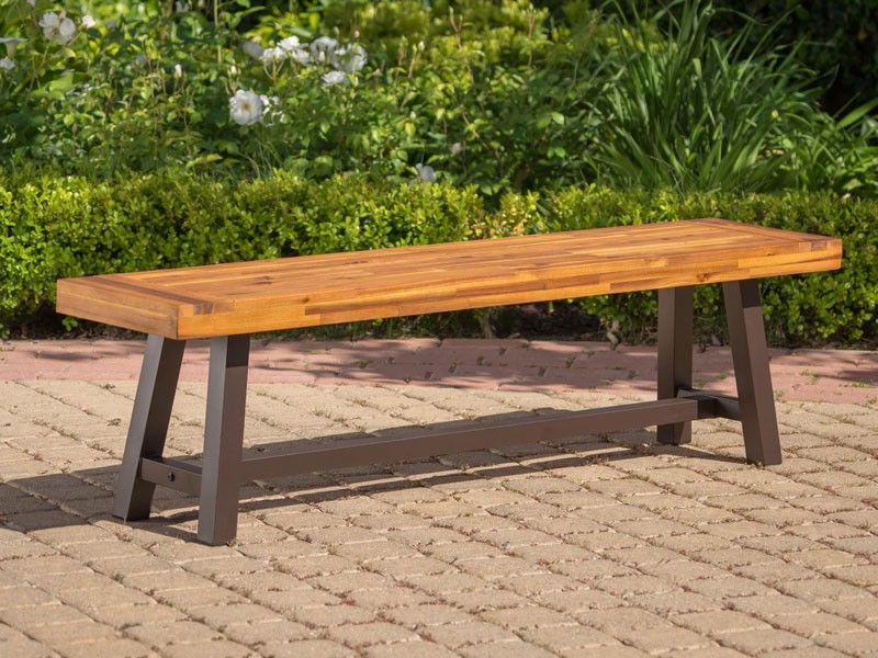 Bowman Outdoor Sandblack Finish Acacia Wood & Rustic Metal Bench