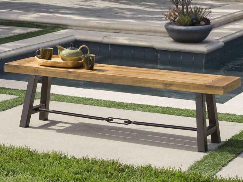 Cana Outdoor Teak Finished Acacia Wood Bench with Rustic Metal Accents