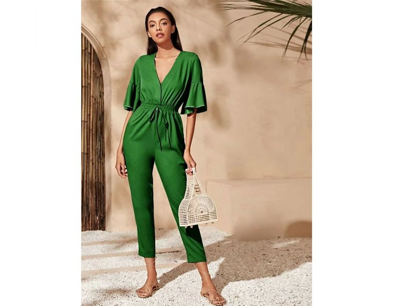 Flounce Sleeve Tie Waist Cropped Jumpsuit For Women