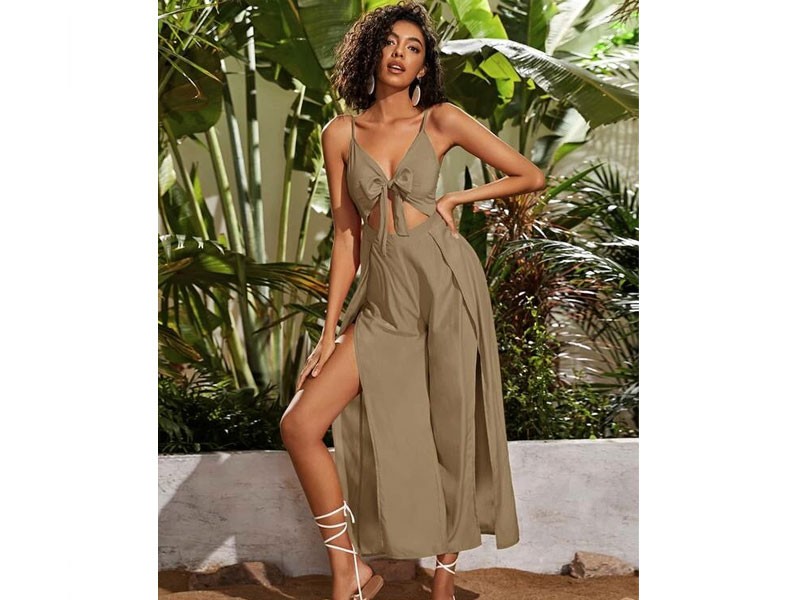 Wrap Hem Tie Front Peekaboo Cami Jumpsuit For Women