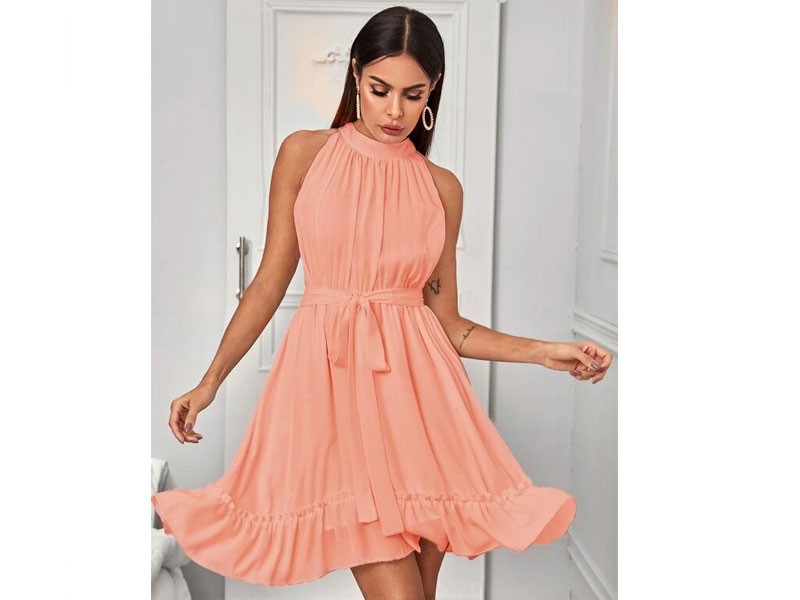 Ruffle Hem Self Tie Chiffon Halter Dress For Women