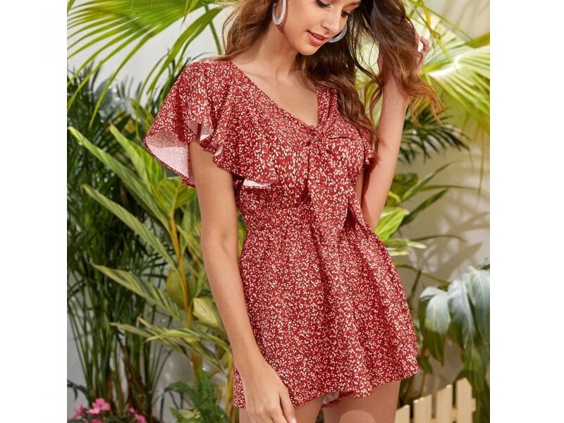 Shein Ditsy Floral Flutter Sleeve Tie Front Romper For Women