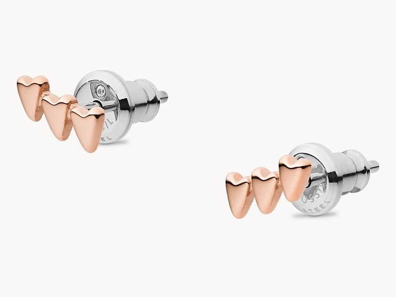 Stacked Hearts Rose Gold-Tone Stainless Steel Climber Women's Earrings