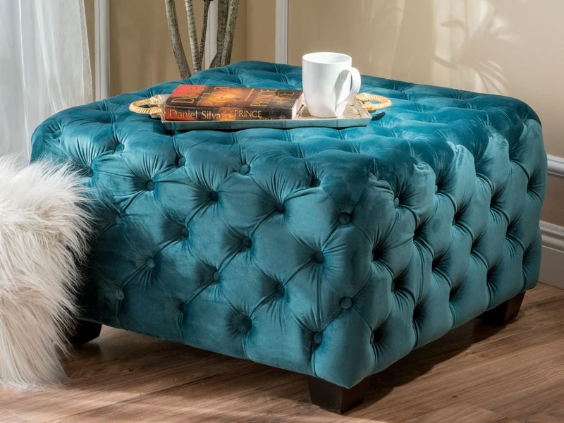 Provence Modern Glam Button Tufted Diamond Stitch Velvet Square Ottoman