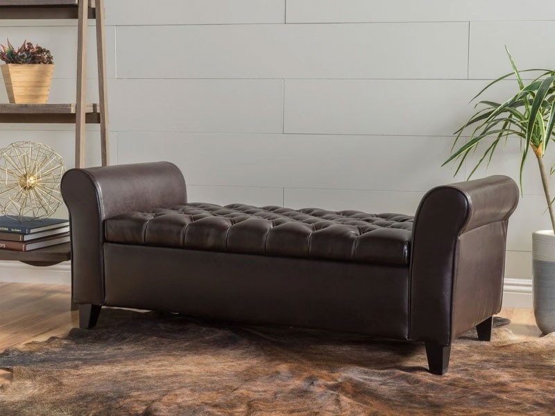 Charlemagne Rolled Arm Tufted Leather Storage Ottoman Bench