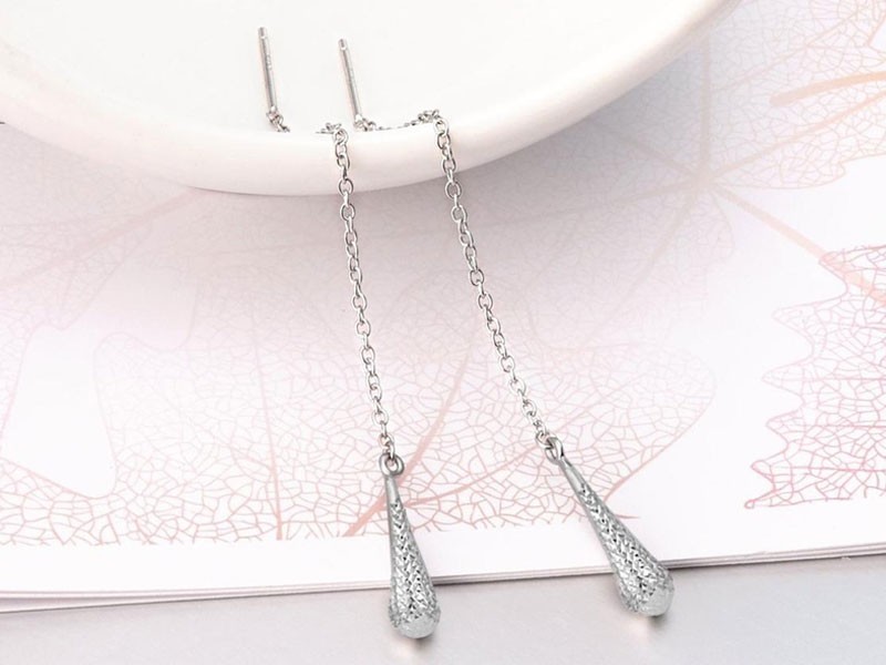 Sterling Silver Diamond Cut Threader Teardrop Earrings For Women