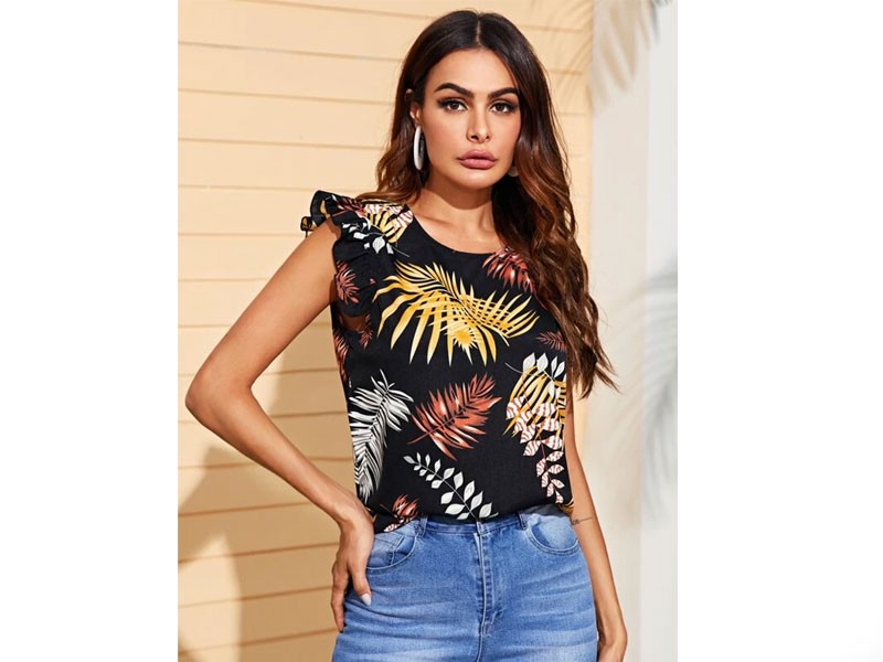 Shein Ruffle Armhole Tropical Print Top For Women