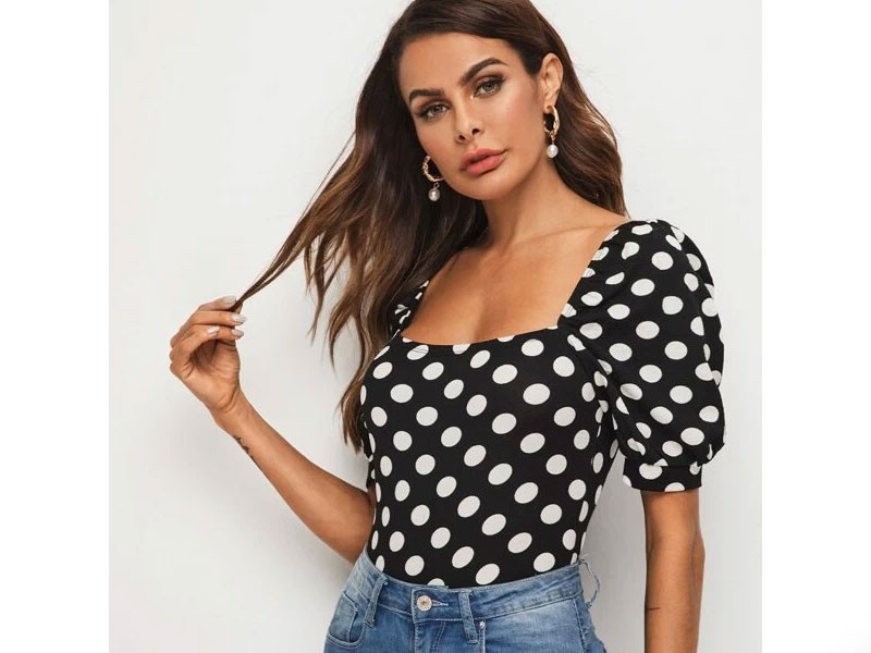 Shein Square Neck Puff Sleeve Polka Dot Top For Women