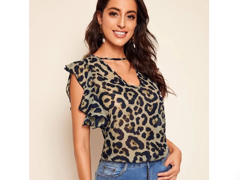 Shein Ruffle Armhole Leopard Print Top For Women