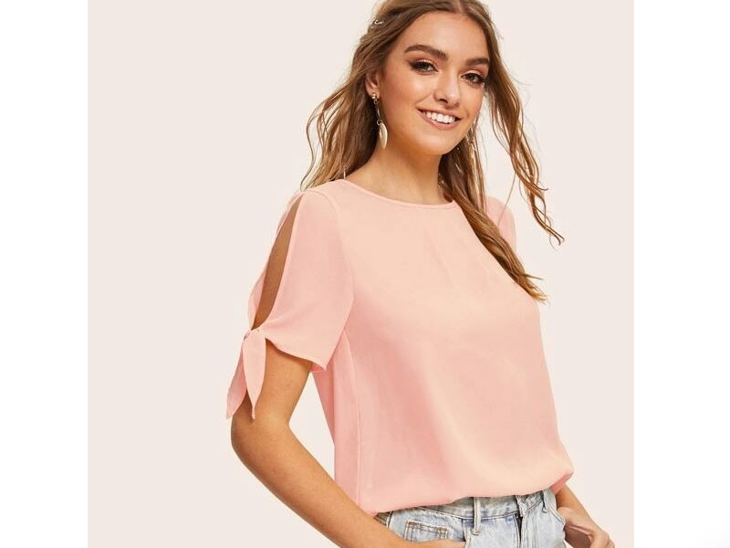 Shein Solid Self-Tie Split Sleeve Top For Women