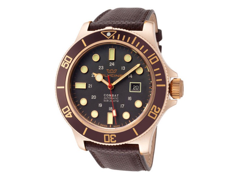 Glycine Combat Sub 48 Men's Watch Bronze Case Leather Strap