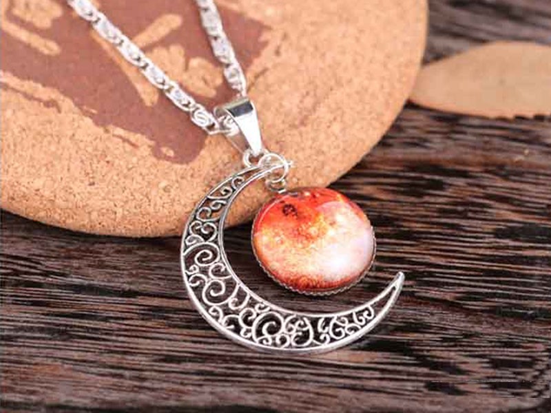 Women's Crescent Moon Galactic Universe Sky Gem Pendant Necklace