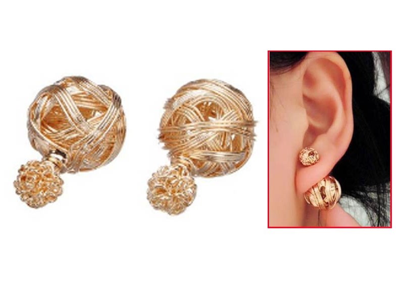 Two Sided Knitted Weave Balls Styled Ear Stud Earrings