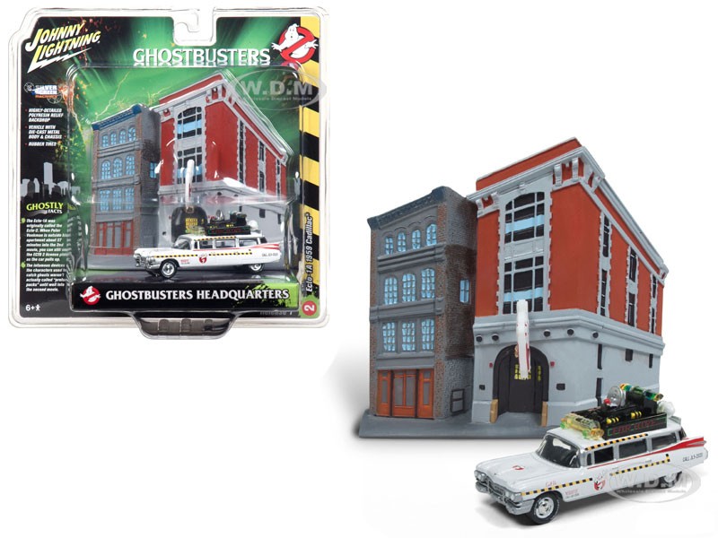 1959 Cadillac Ecto-1A Ambulance with Firehouse Exterior Diorama Model By Johnny