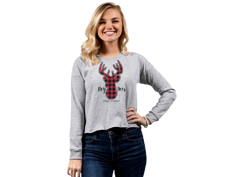 Simply Southern Hey Deer Cropped Long Sleeve T-Shirt for Women in Heather Grey