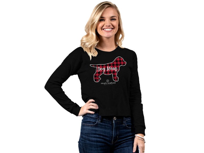 Simply Southern Dog Mom Cropped Long Sleeve T-Shirt for Women in Black