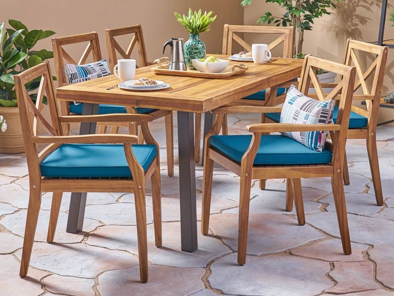 Justin Outdoor Farmhouse Slat-Top 7 Piece Acacia Wood Dining Set with Cushions