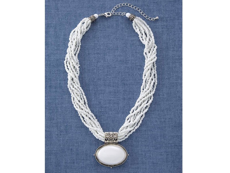 White Cabochon & Seed Bead Necklace For Women