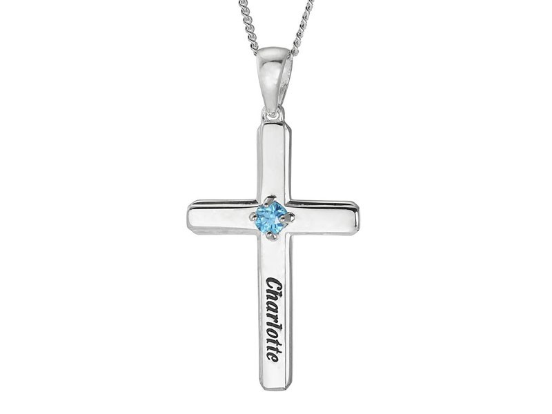 Personalized Sterling Cross Crystal Birthstone Pendant  Matching Chain For Women