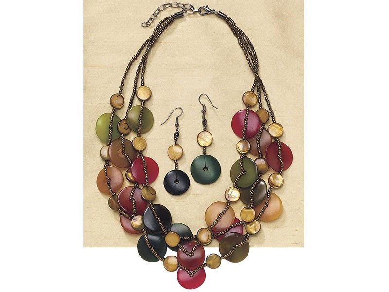 Triple Strand Colored Disk Necklace and Earrings For Women