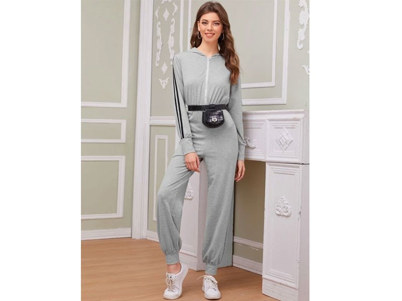 Shein Zipper Front Striped Tape Sleeve Hooded Jumpsuit For Women