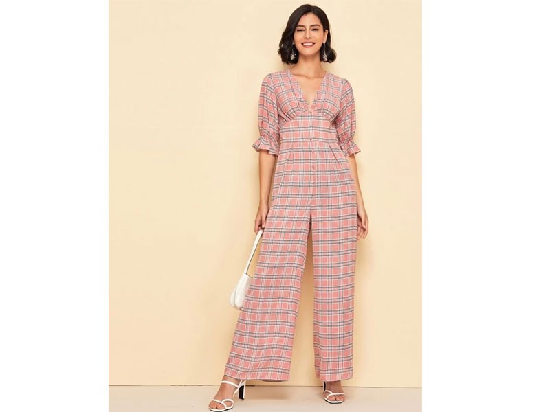 Shein V-neck Flounce Sleeve Plaid Palazzo Jumpsuit For Women