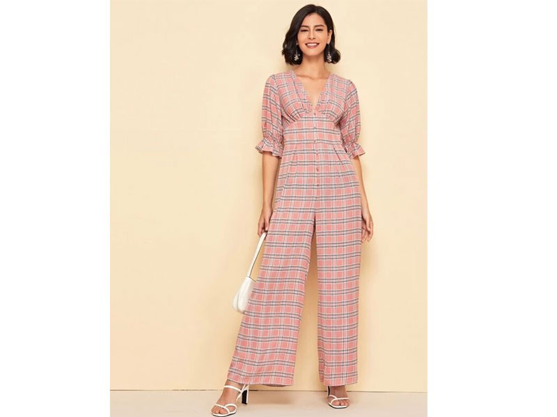 Shein V-neck Flounce Sleeve Plaid Palazzo Jumpsuit For Women