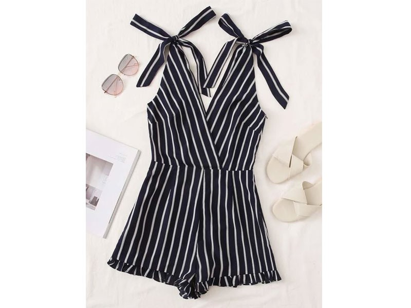 Women's Striped Tie Shoulder Frill Hem Romper