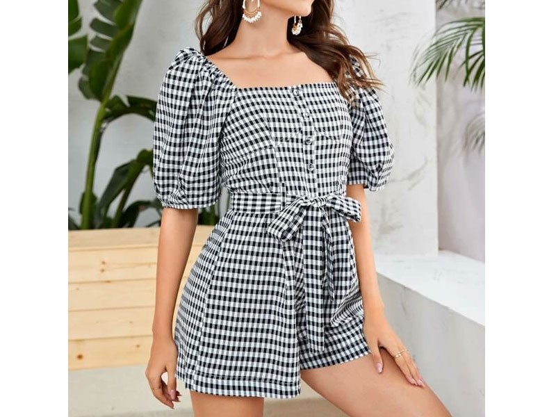 Gingham Button Front Belted Romper For Women